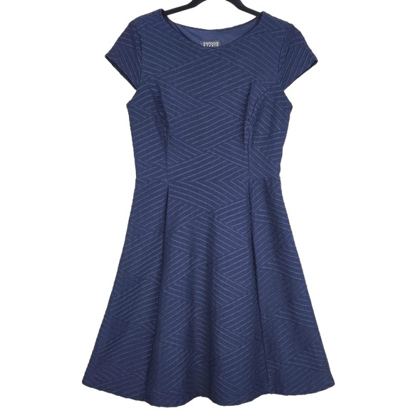 Enfocus Studio Navy Blue Fit and Flare Dress Cap Sleeve Textured Geometric SZ 8 - Picture 1 of 6